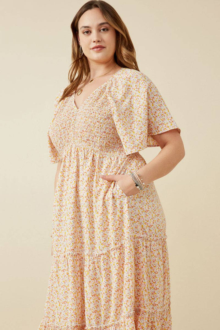 Wendy Floral Panel Smocked Tiered Midi Dress