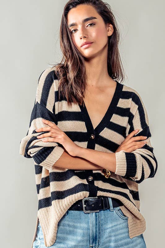 sleeve detail of Carly Cozy and Free Striped Cardigan with ribbed trim and slightly oversized fit, ideal for casual layering.