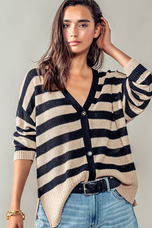 styled view of Carly Cozy and Free Striped Cardigan with ribbed trim and slightly oversized fit, ideal for casual layering.