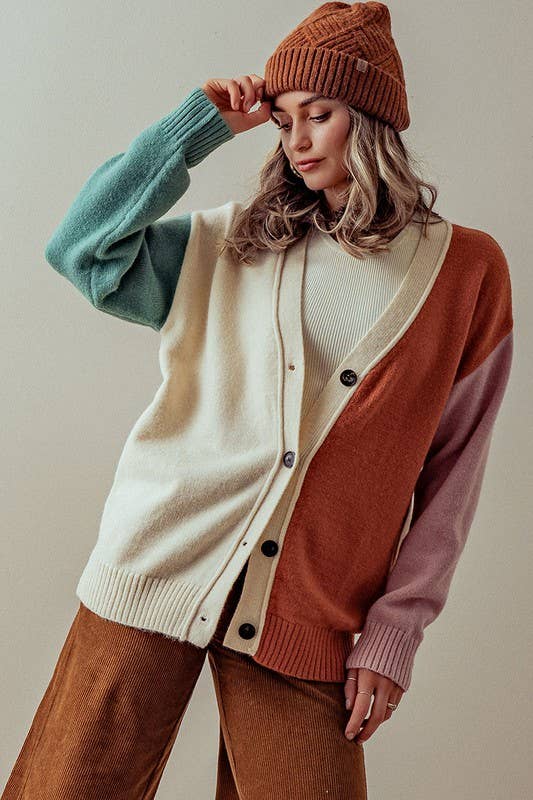 Hailee Multicolor Cardigan Sweater with button-down front, colorful ribbed cuffs and hem, designed for a slightly oversized fit, available at Onyx Native.