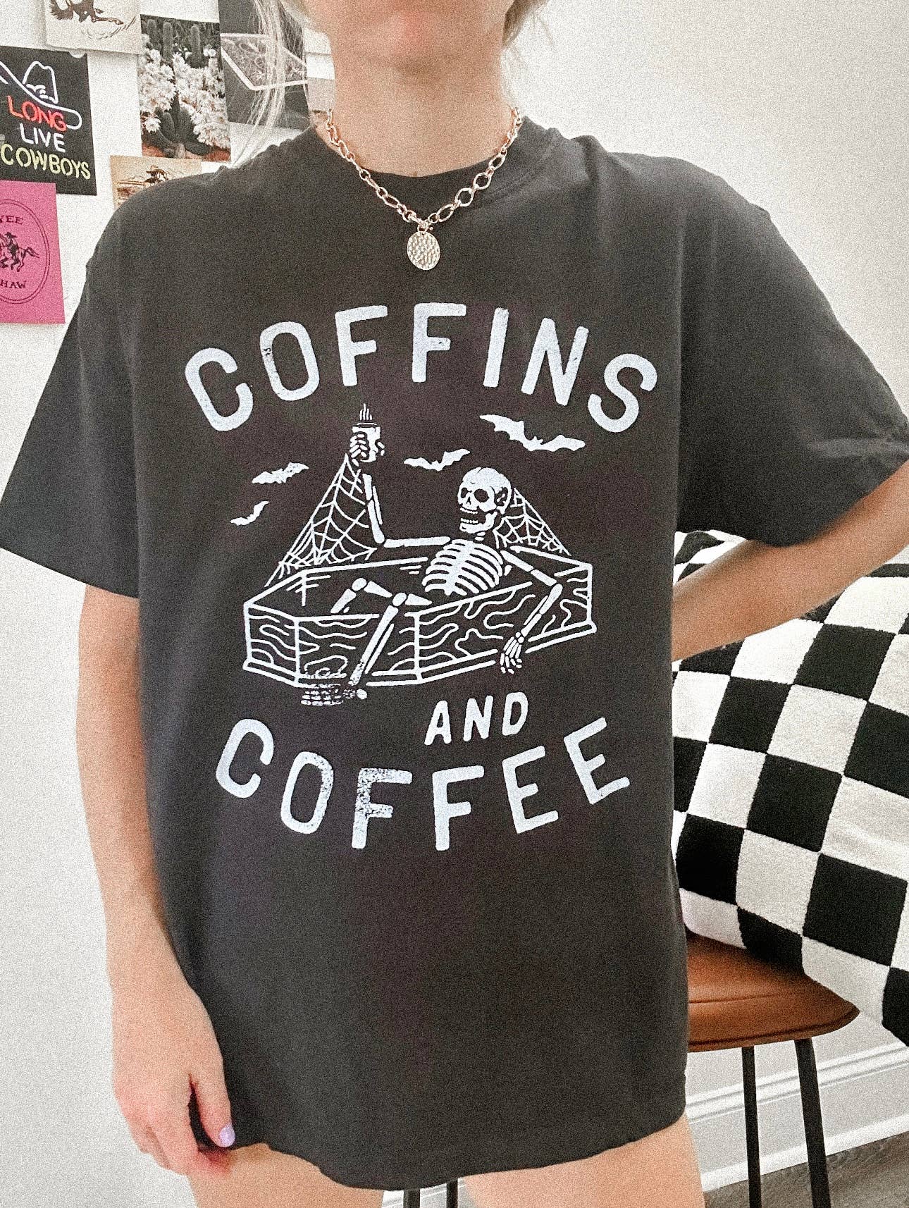 styled view of Coffins and Coffee Halloween Skeleton Tee made from 100% ring-spun cotton, featuring a relaxed unisex fit, available at Onyx Native.