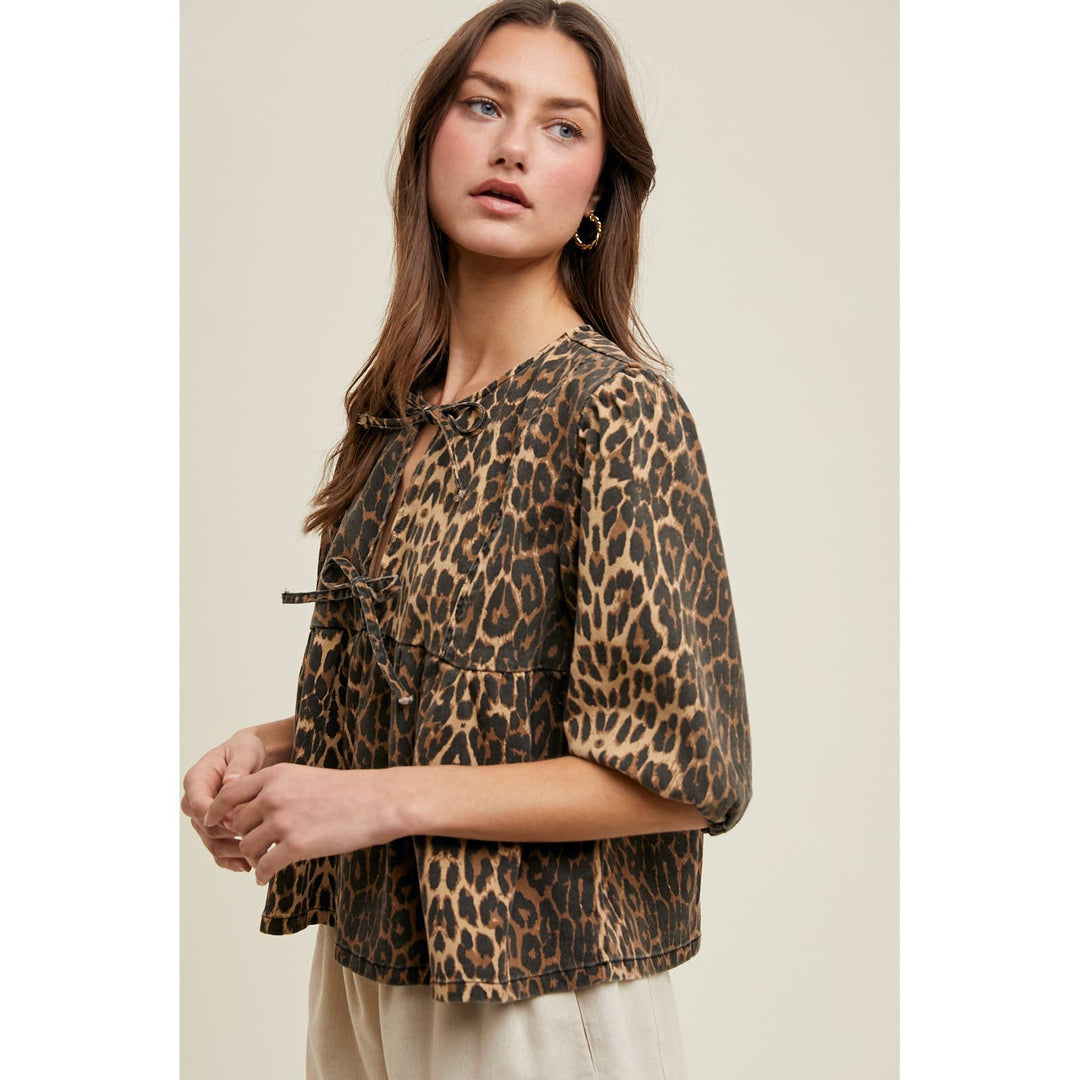 Bow Leopard Denim top