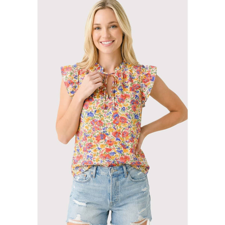 KEYHOLE TIE NECK FLORAL PRINTED TOP