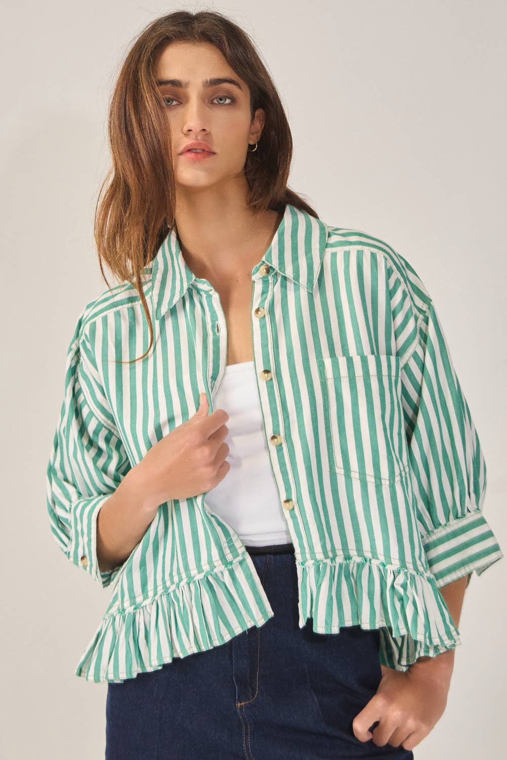 Green Springs Ruffled Detail Striped Top