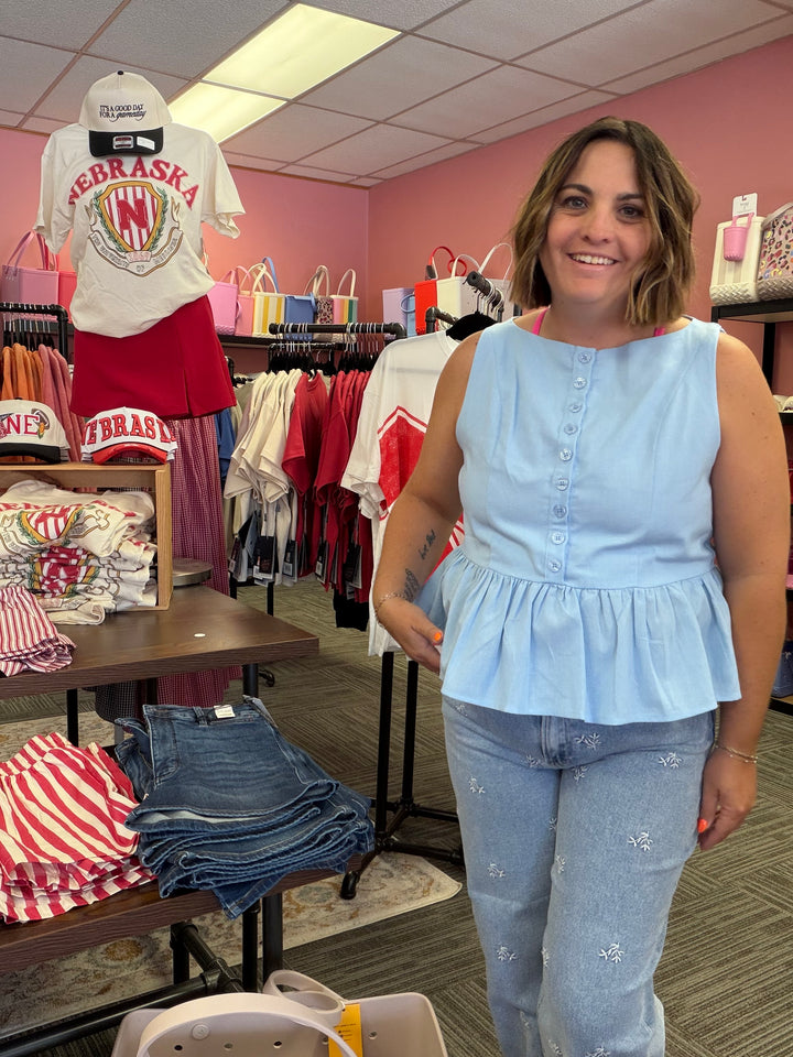 PEPLUM BUTTON-UP TOP