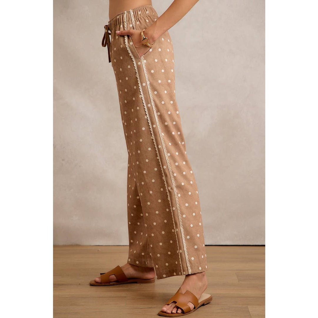 LACE SIDE TRIM POLKA DOT MID RISE WIDE LEG PANTS