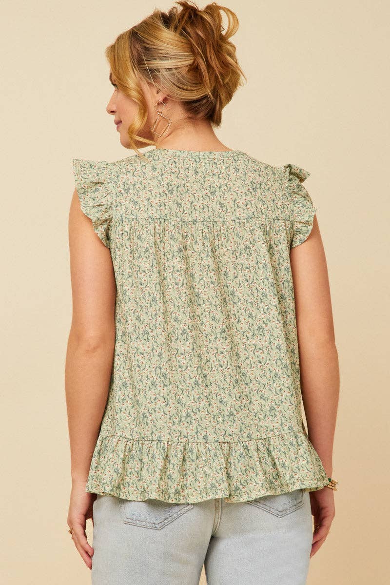 Womens Textured Floral Knit Ruffle Detail Tank: Sage / L