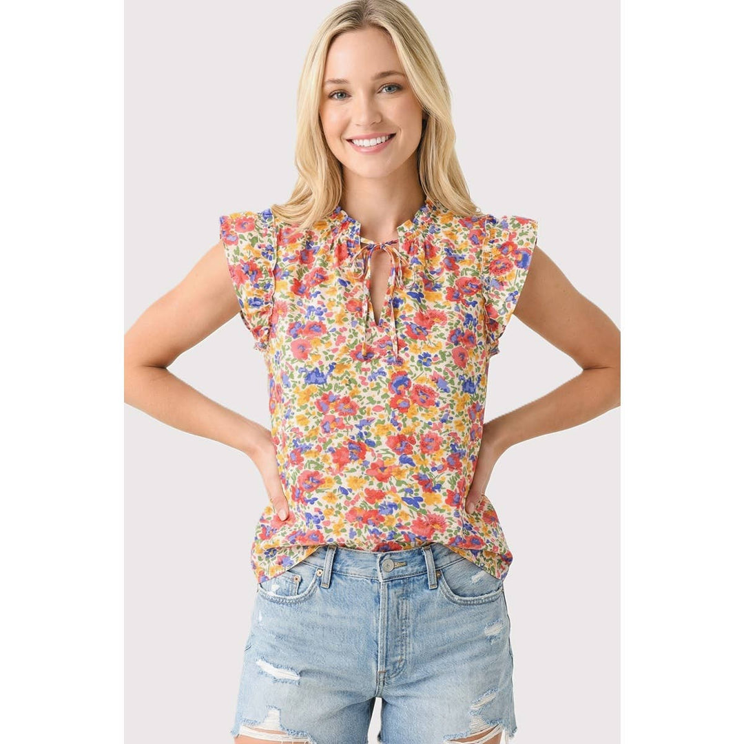 KEYHOLE TIE NECK FLORAL PRINTED TOP