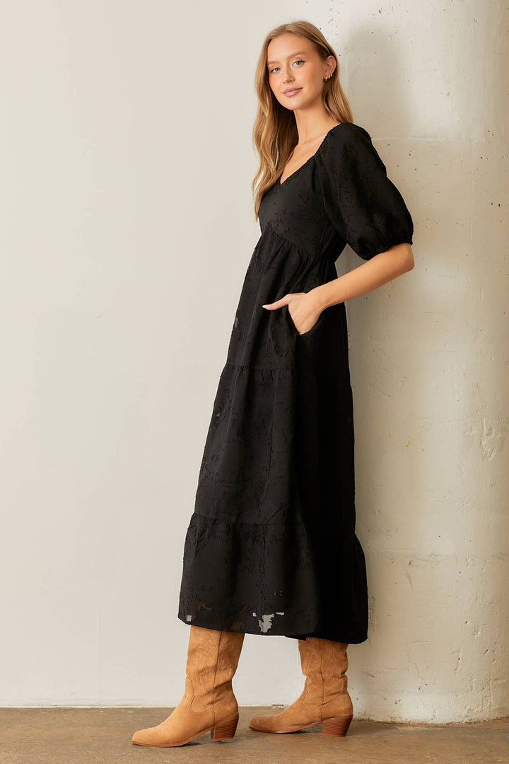 Floral Textured Tiered Midi Dress