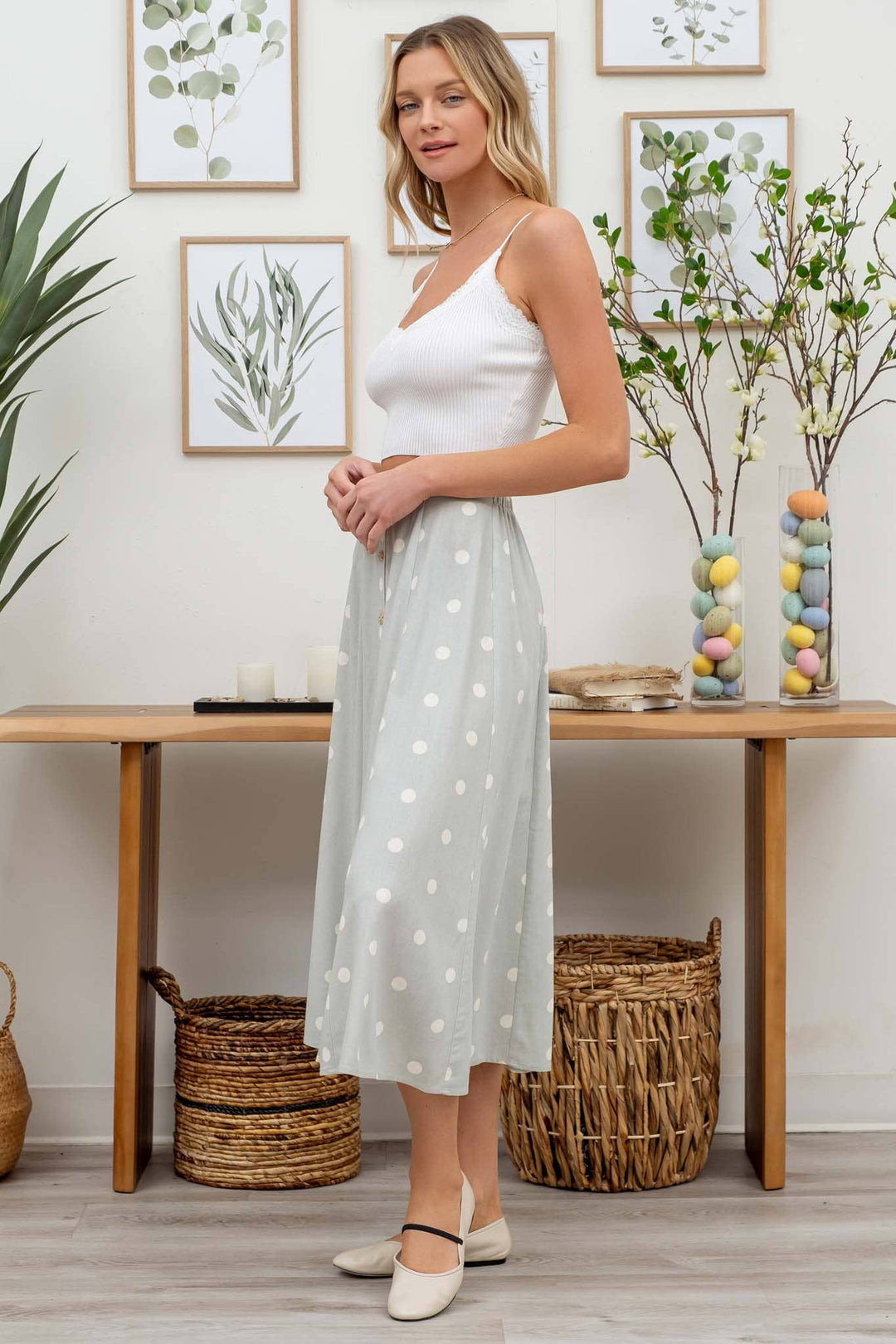 POLKA DOT BUTTON DOWN MIDI SKIRT: SAGE
