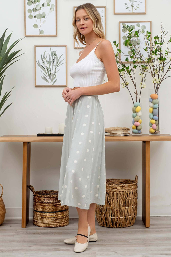 POLKA DOT BUTTON DOWN MIDI SKIRT: SAGE