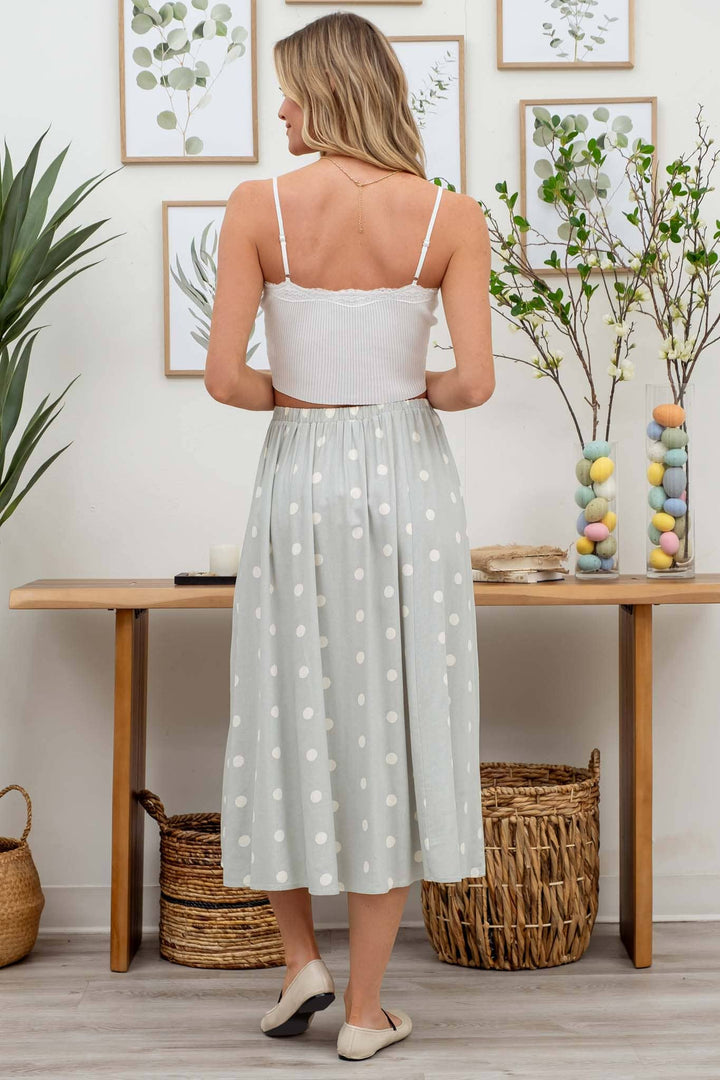 POLKA DOT BUTTON DOWN MIDI SKIRT: SAGE