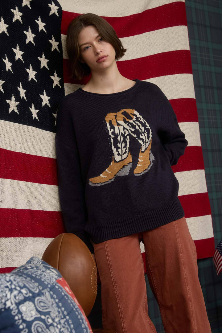 WESTERN BOOT JACQUARD LONG SLEEVE KNIT SWEATER: NAVY