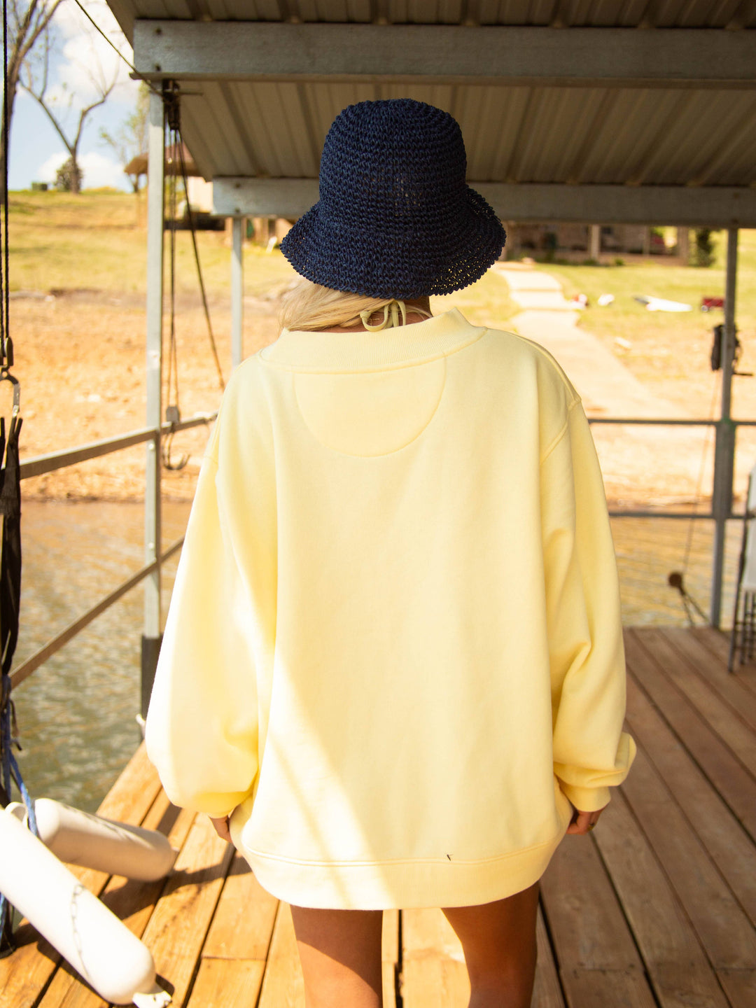 Meet me at the lake butter yellow mockneck crew
