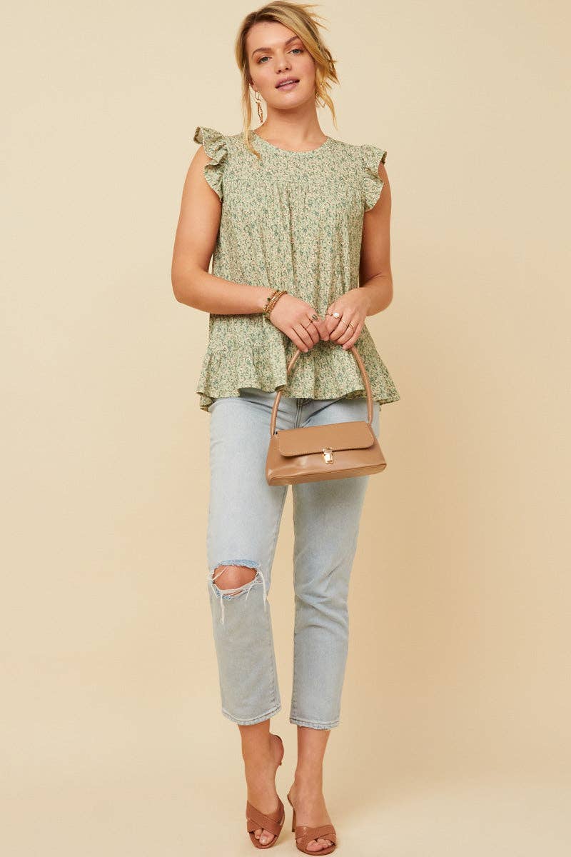 Womens Textured Floral Knit Ruffle Detail Tank: Sage / L