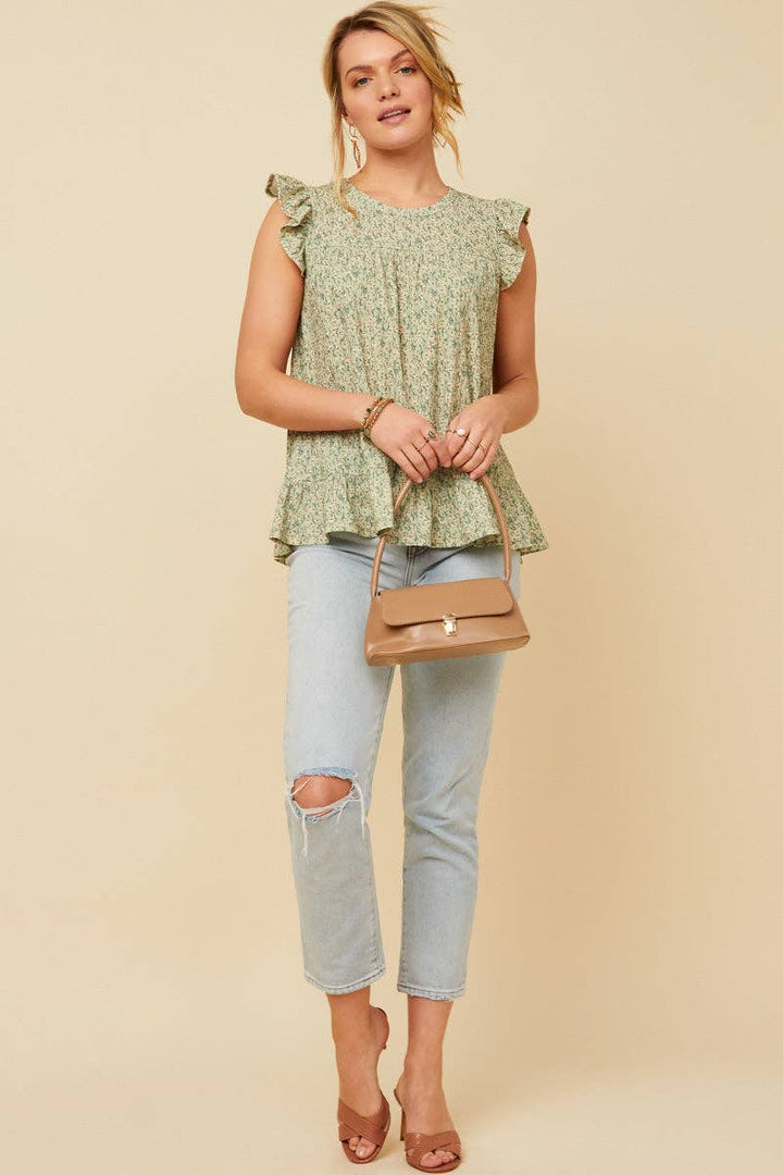 Womens Textured Floral Knit Ruffle Detail Tank: Sage / L