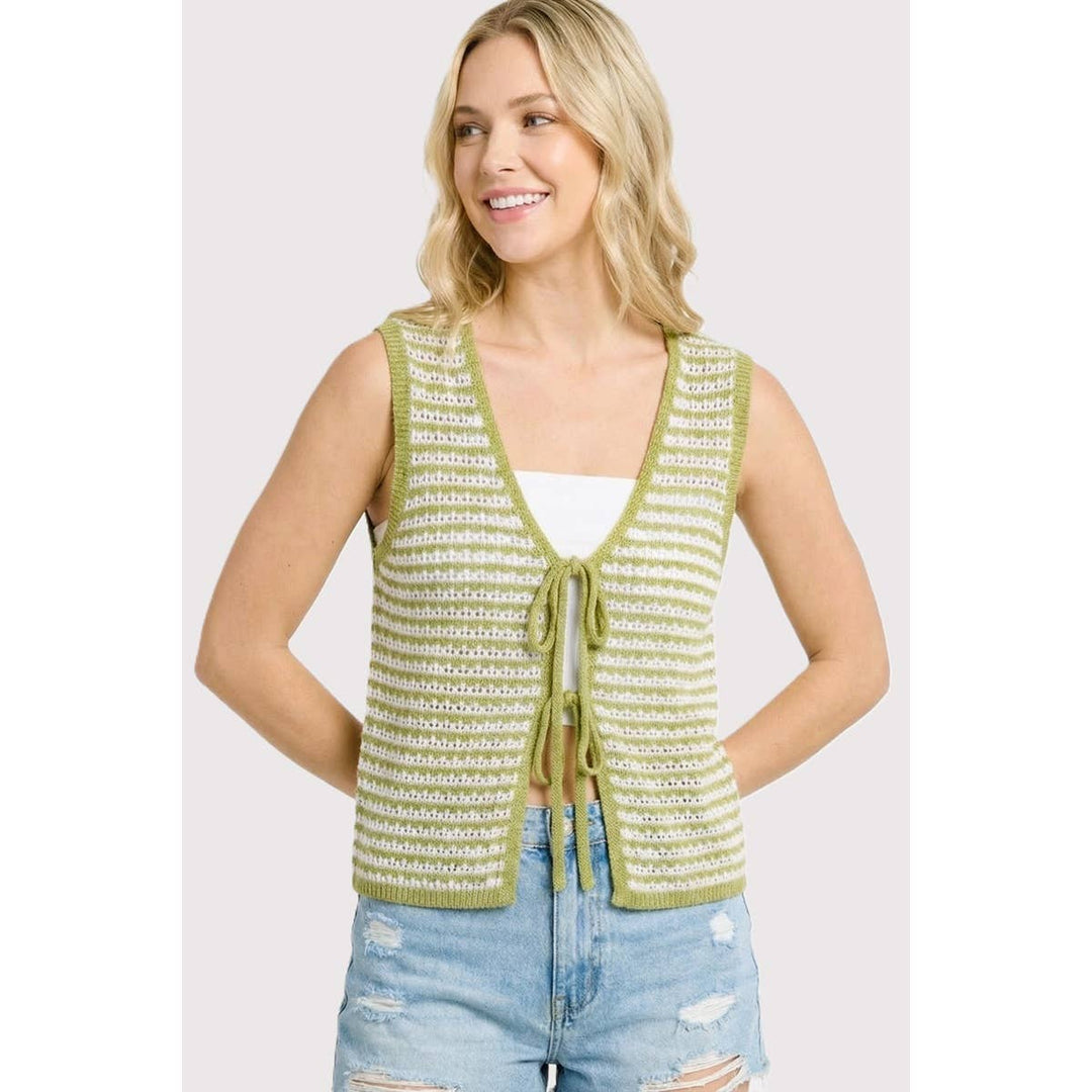 CROCHET STRIPED VEST CARDIGAN: SAGE