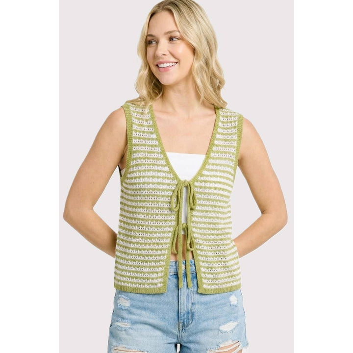 CROCHET STRIPED VEST CARDIGAN: SAGE