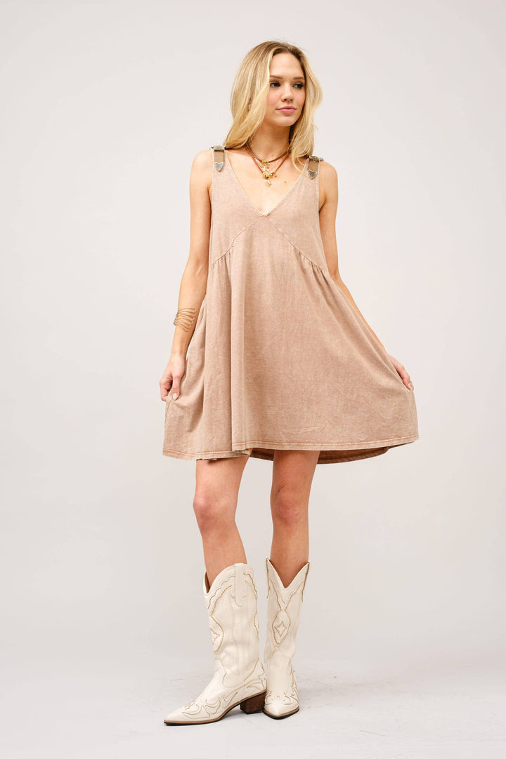 Plunge V Neck Buckle Babydoll Dress