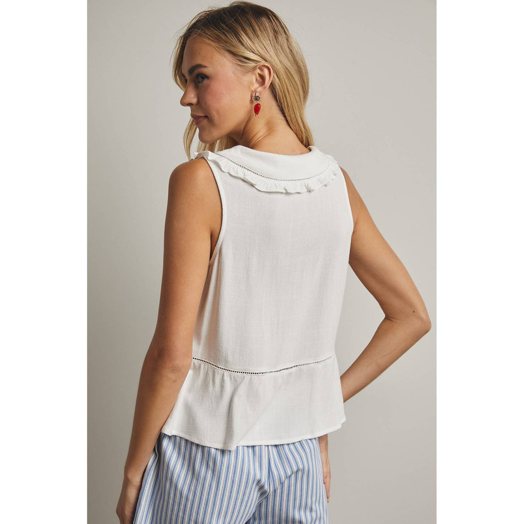 RUFFLE COLLARED BUTTON-UP TANK BLOUSE