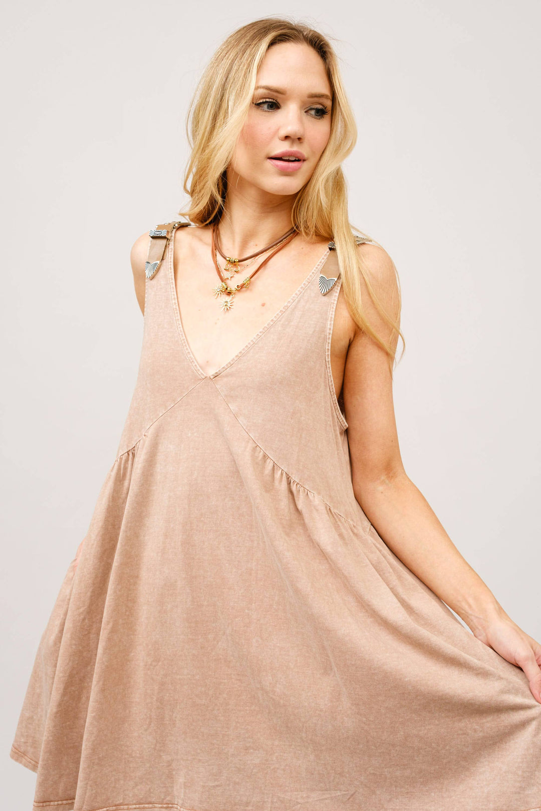 Plunge V Neck Buckle Babydoll Dress