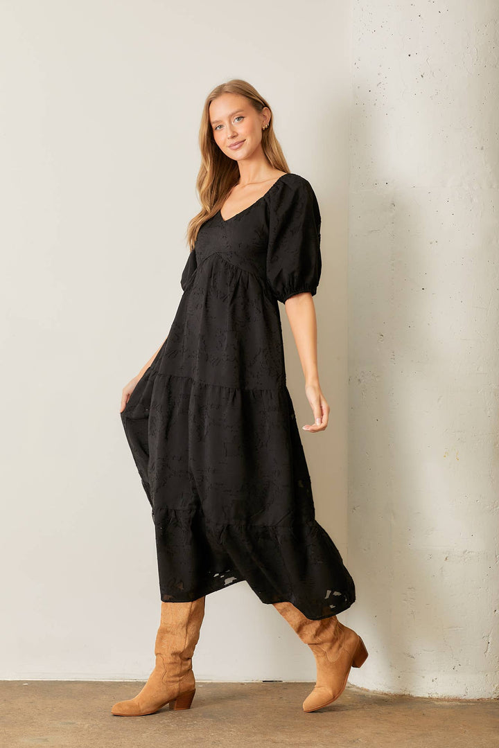 Floral Textured Tiered Midi Dress
