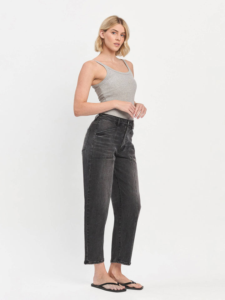 SUPER HIGH RISE PANEL DETAIL BARREL JEANS