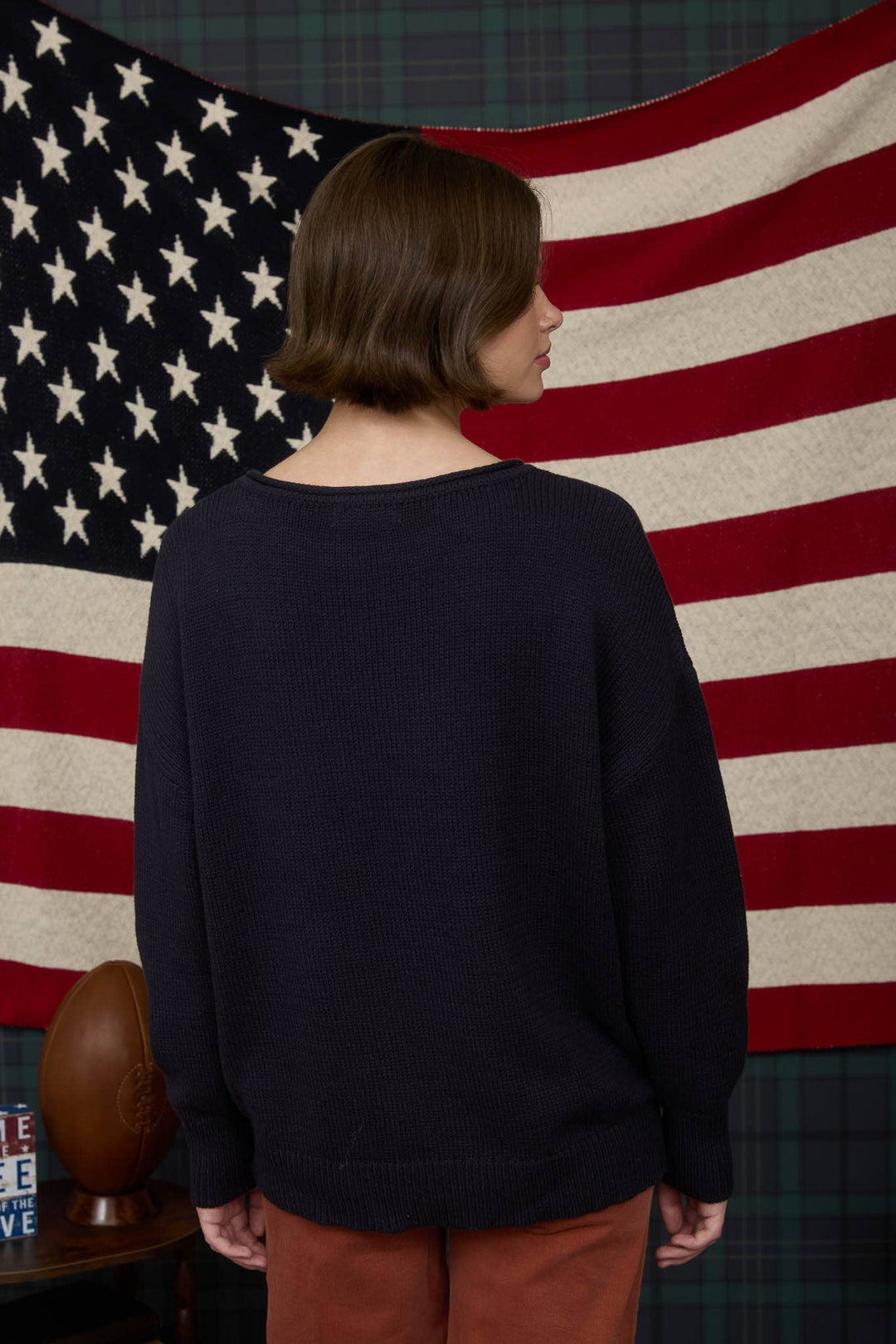 WESTERN BOOT JACQUARD LONG SLEEVE KNIT SWEATER: NAVY