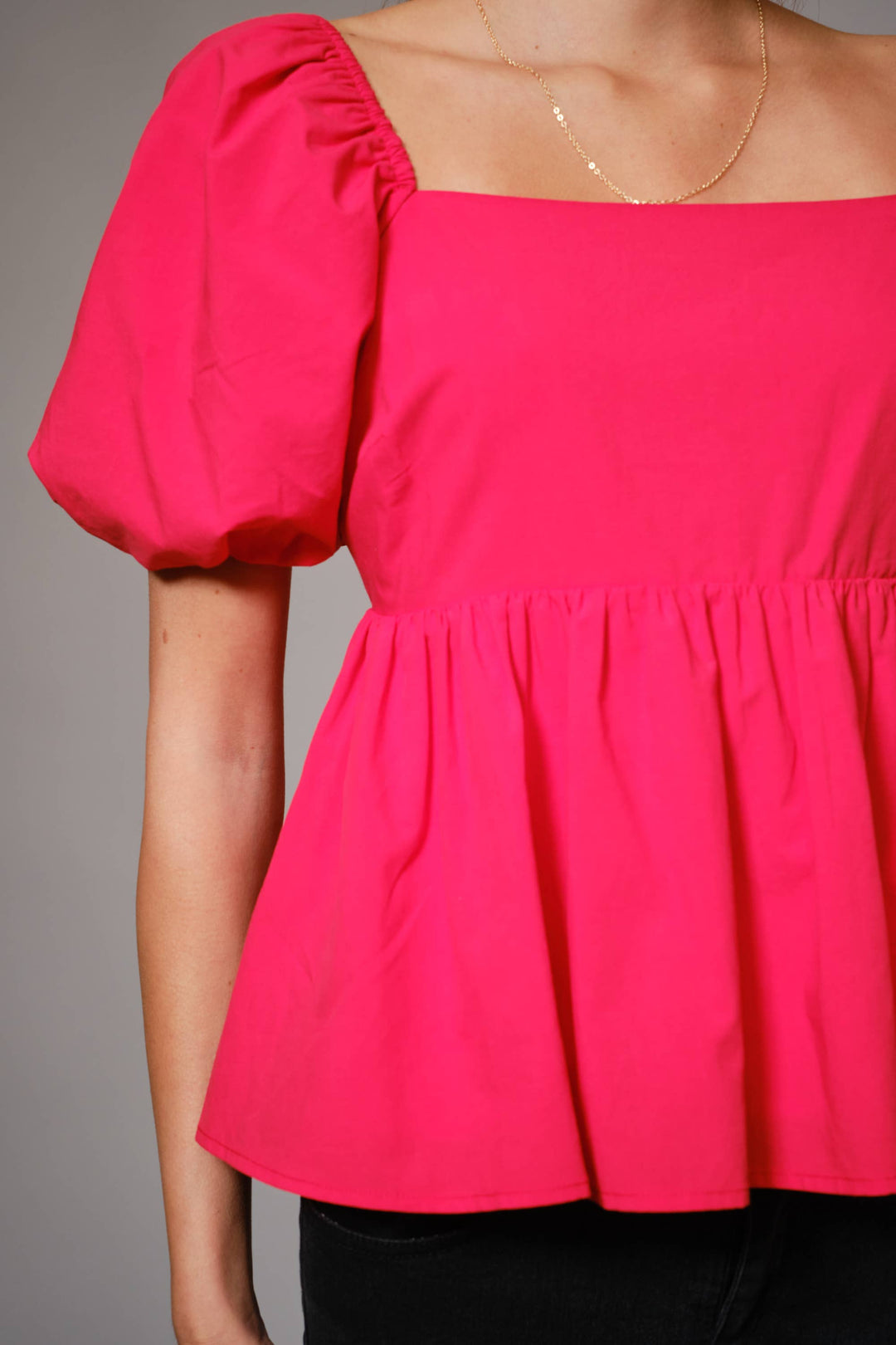 Coral Puff Sleeve Peplum Top with Square Neckline and Tie Back