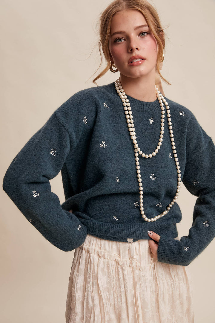 Embroidered Dot Knit Sweater Emerlad