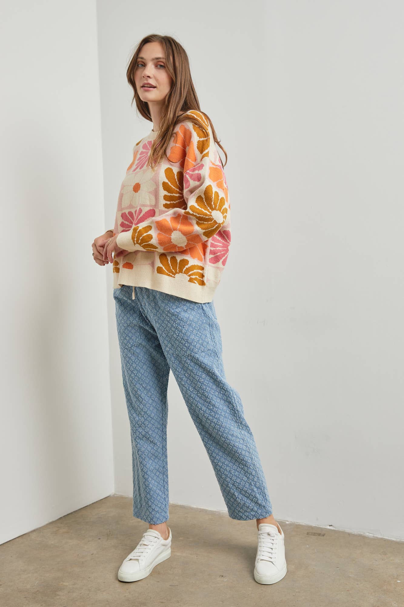 Floral Intarsia Knit Sweater with long sleeves and round neck, true to size fit, available at Onyx Native.