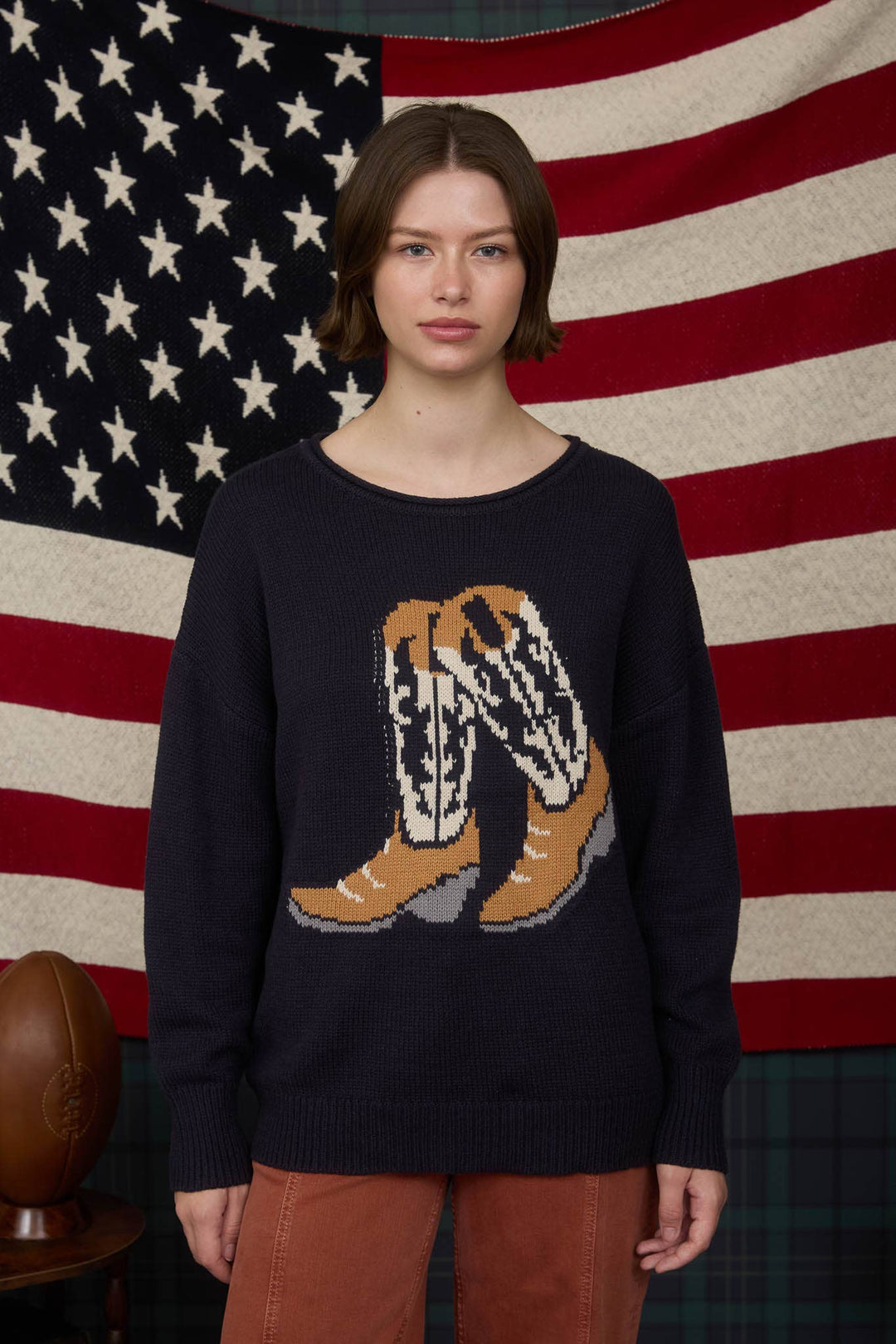 WESTERN BOOT JACQUARD LONG SLEEVE KNIT SWEATER: NAVY