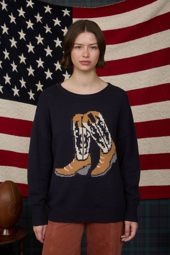 WESTERN BOOT JACQUARD LONG SLEEVE KNIT SWEATER: NAVY