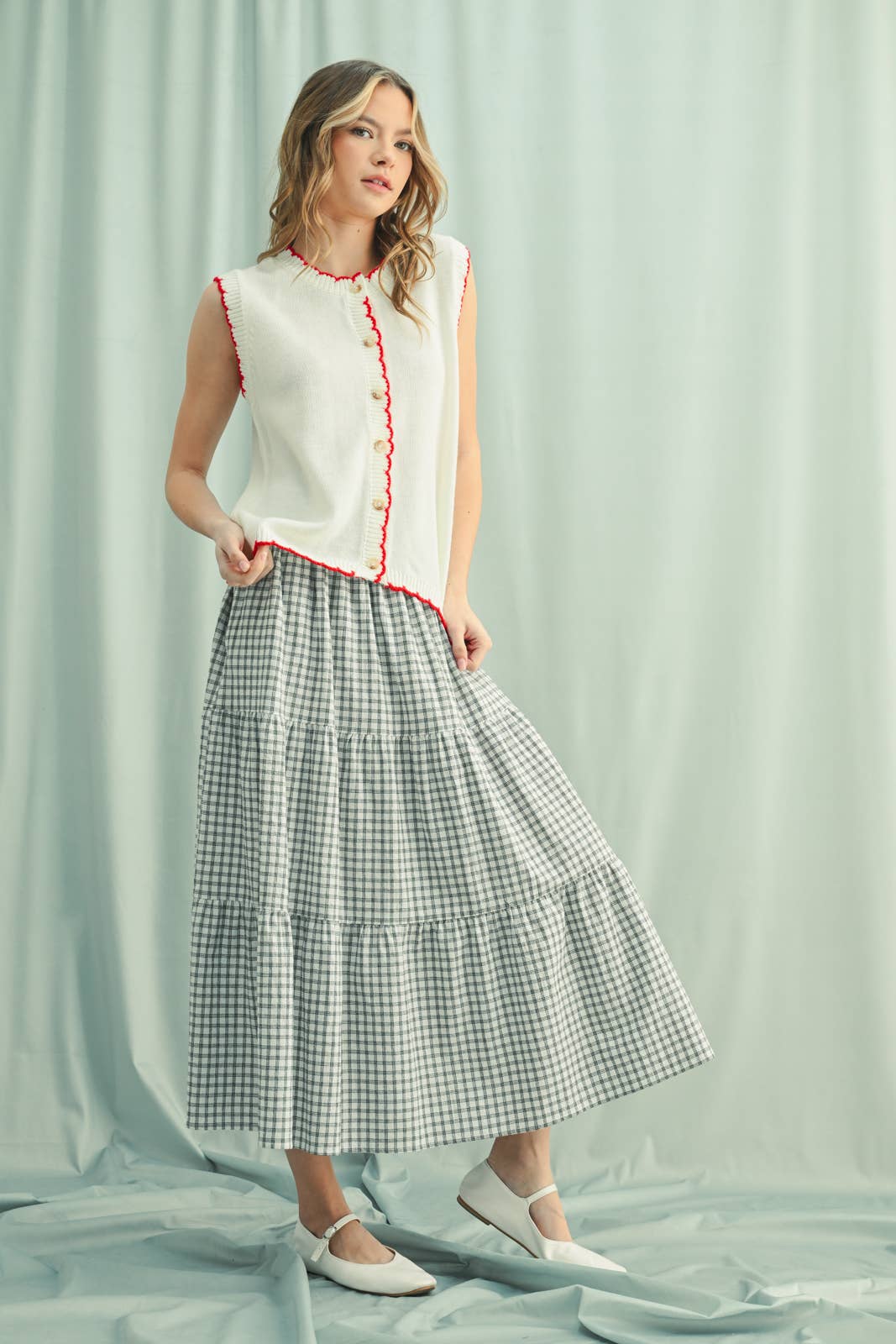 full view Scalloped Button-Up Sweater Vest — sleeveless, lightweight layering piece with functional buttons by Onyx Native

