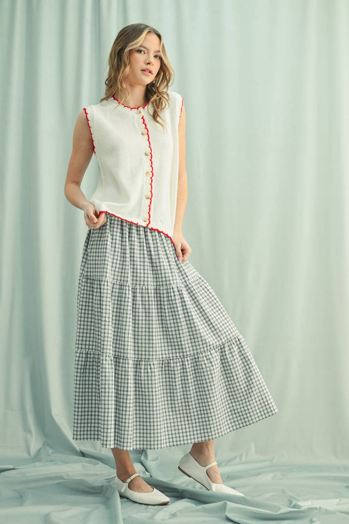 full view Scalloped Button-Up Sweater Vest — sleeveless, lightweight layering piece with functional buttons by Onyx Native

