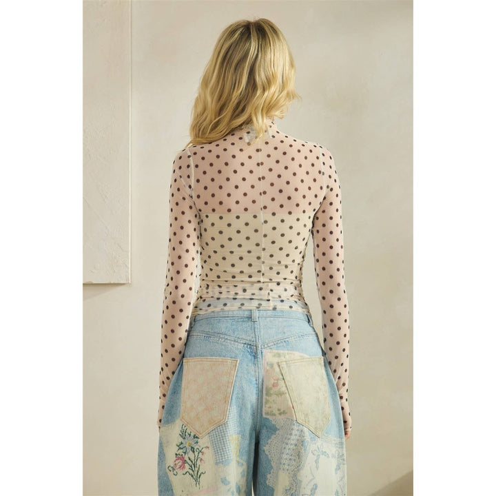 Lace Long Sleeve See Through Top: Ivory Polka Dot
