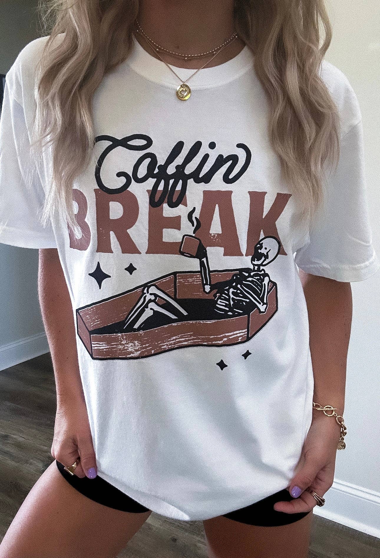 Coffin Break Skeleton Halloween Retro Graphic Tee