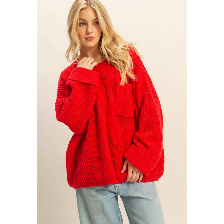 Red Ruby Oversized Casual Ribbed Knit Sweater