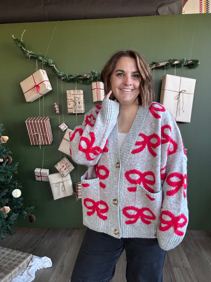 BOW PATTERN BUTTON DOWN KNIT CARDIGAN: HEATHER GREY