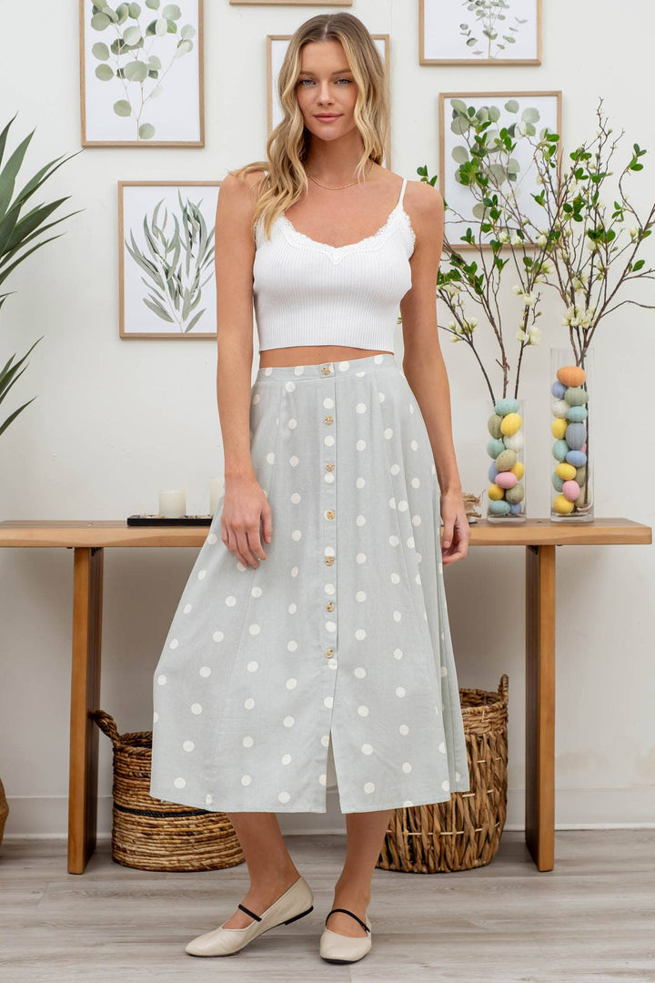 POLKA DOT BUTTON DOWN MIDI SKIRT: SAGE