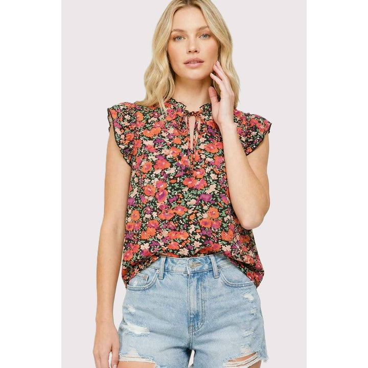 KEYHOLE TIE NECK FLORAL PRINTED TOP