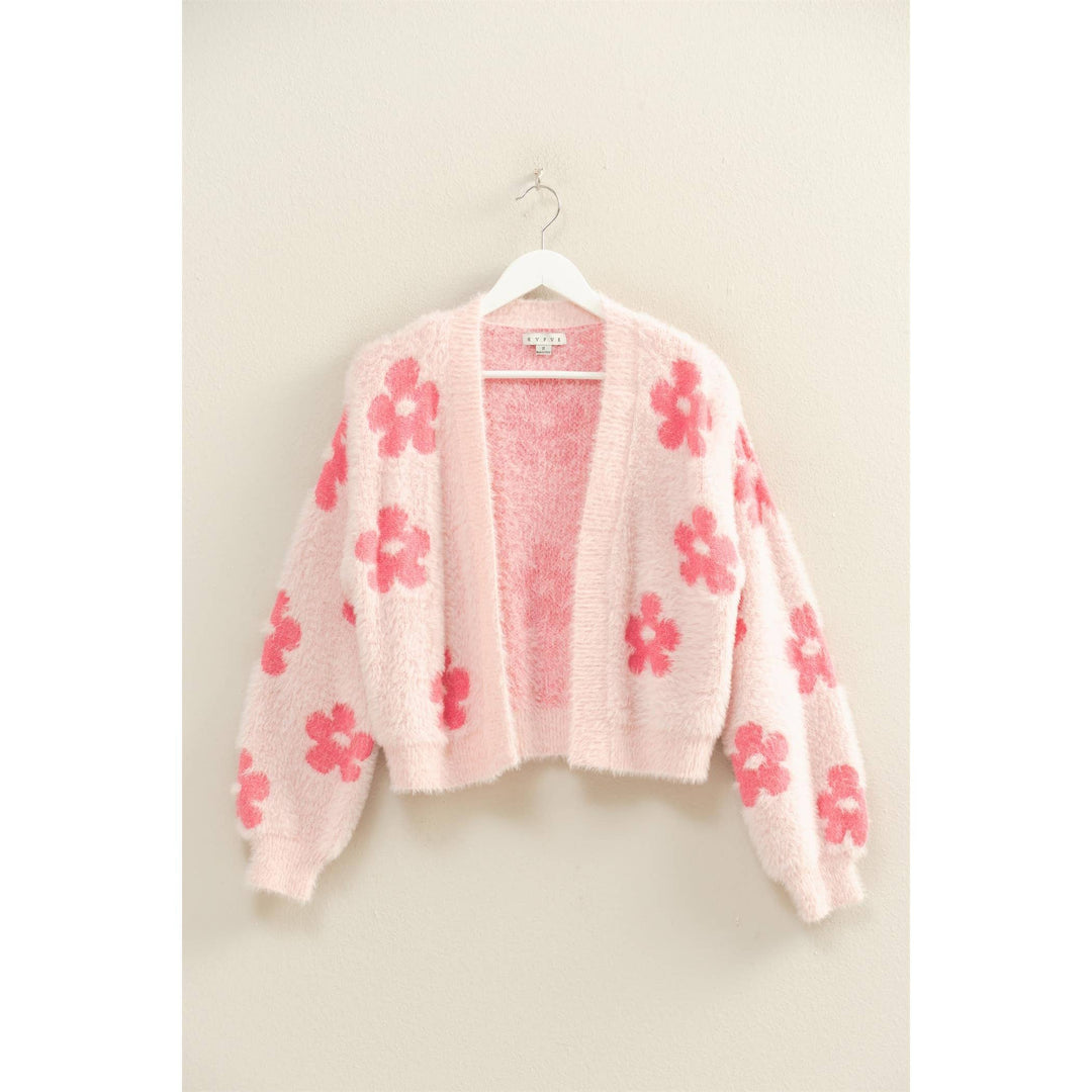 Pink Ladies Floral Pattern Fuzzy Sweater Cardigan