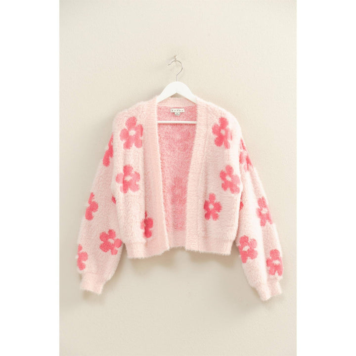 Pink Ladies Floral Pattern Fuzzy Sweater Cardigan