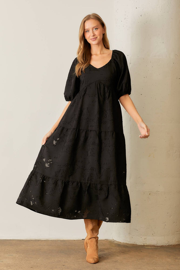 Floral Textured Tiered Midi Dress