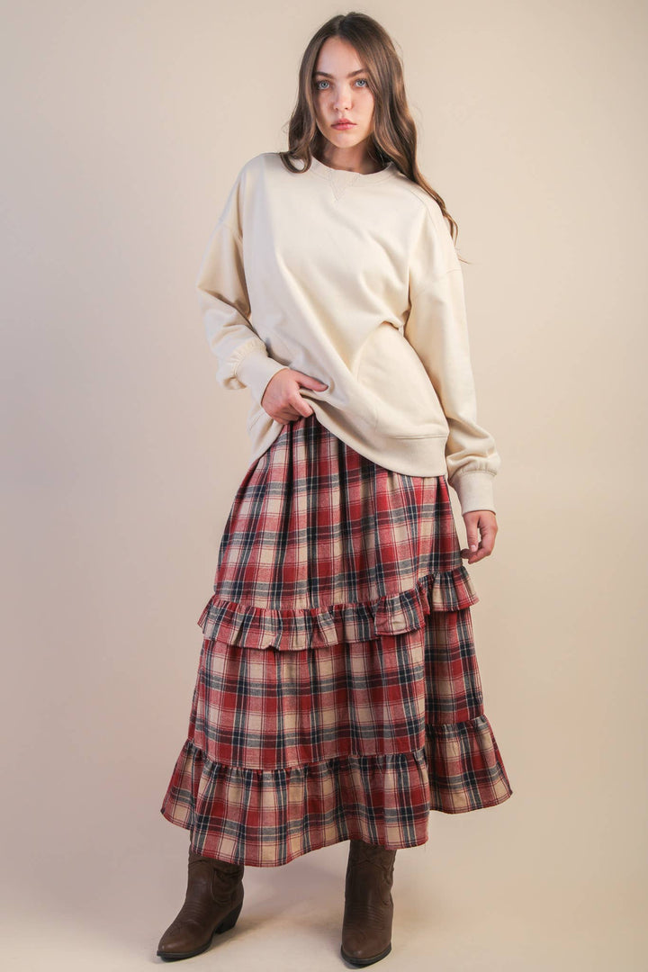 Ruffle Red Check Plaid Tiered Midi Skirt