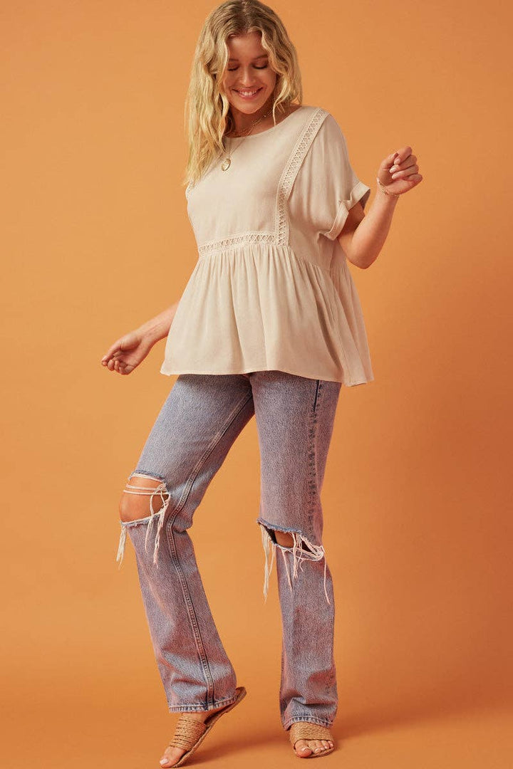 Womens Crochet Trimmed Dolman Sleeve Babydoll Top: Taupe