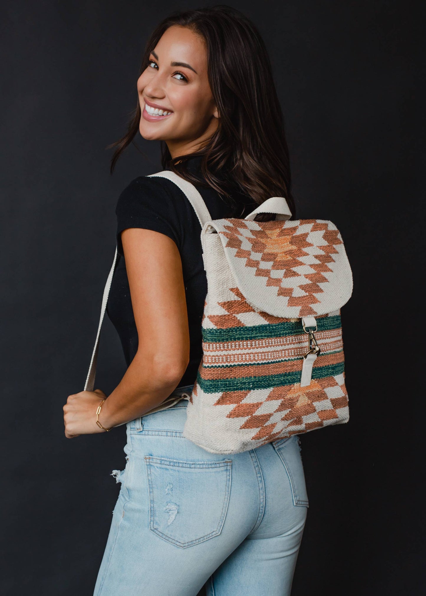 Cream, Rust & Green Aztec Backpack