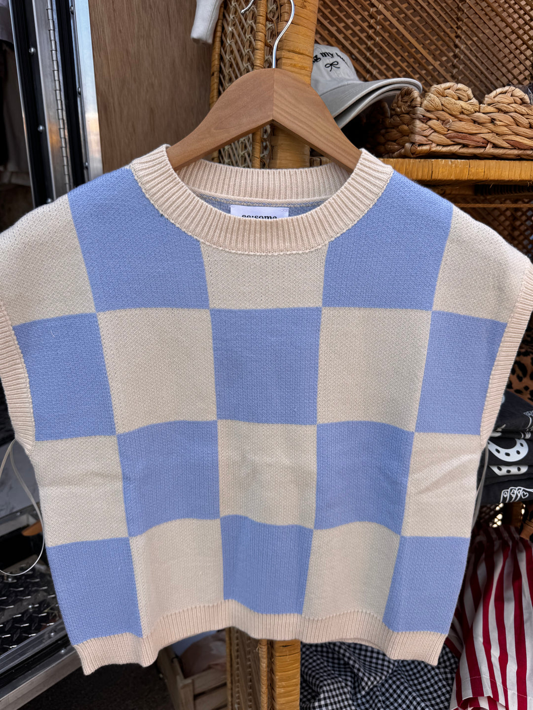 Denim check sweater vest