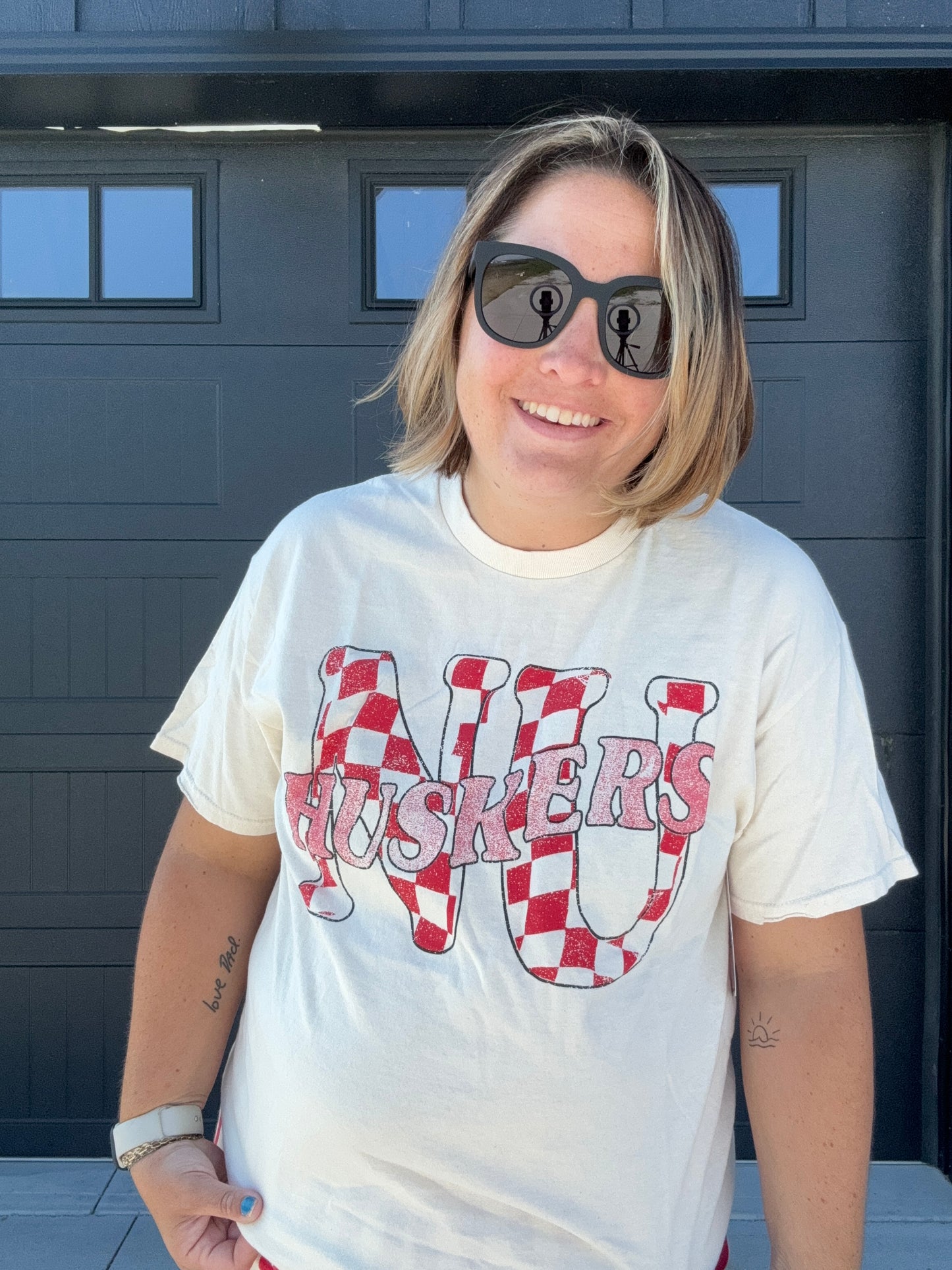 Nebraska Huskers Twisted Check Off WhiteThrifted Tee