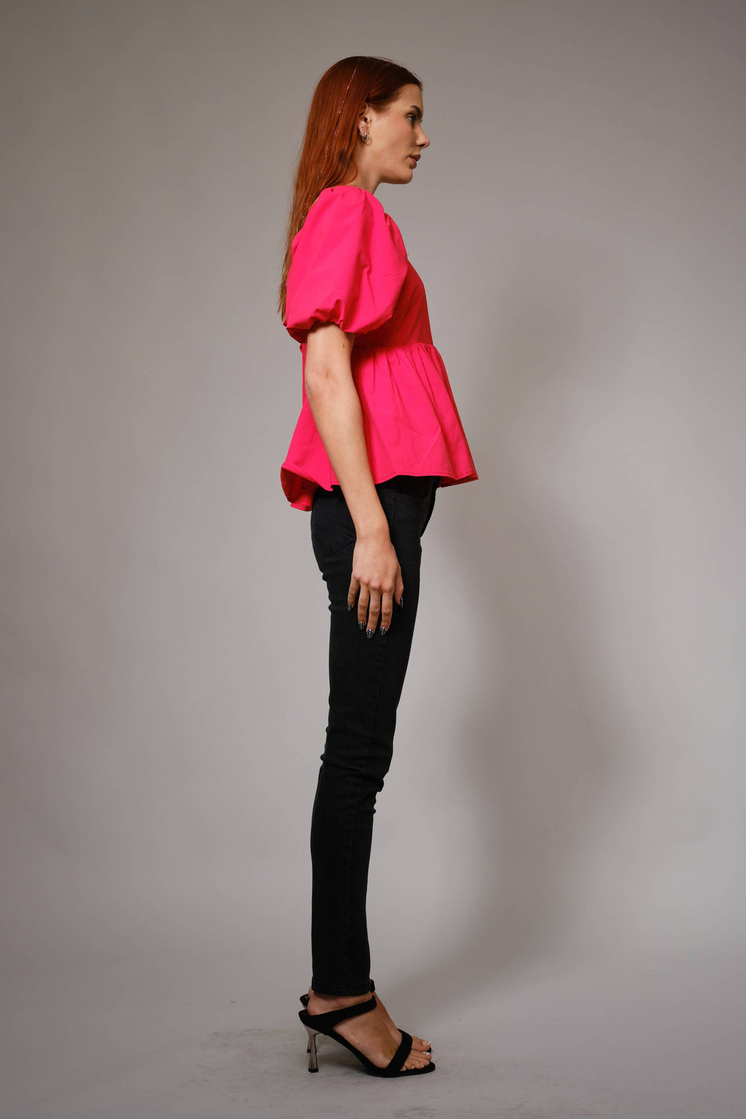 Coral Puff Sleeve Peplum Top with Square Neckline and Tie Back